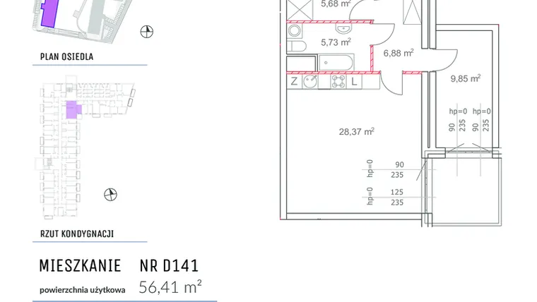 Rzut - Mieszkanie na sprzedaż 2 pokoje o powierzchni 56,41 m² - numer D141 w Osiedle Impresja 2