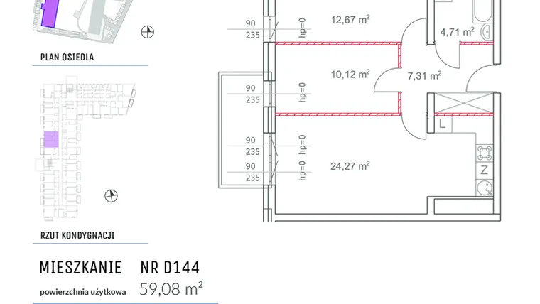 Rzut - Mieszkanie na sprzedaż 3 pokoje o powierzchni 59,08 m² - numer D144 w Osiedle Impresja 2