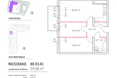Rzut - Mieszkanie na sprzedaż 3 pokoje o powierzchni 59,08 m² - numer D145 w Osiedle Impresja 2