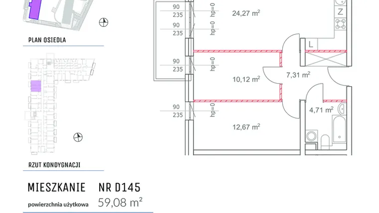 Rzut - Mieszkanie na sprzedaż 3 pokoje o powierzchni 59,08 m² - numer D145 w Osiedle Impresja 2