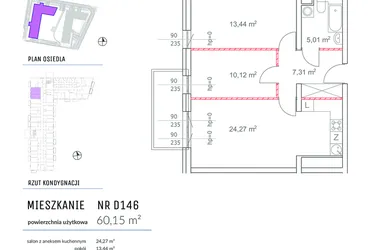 Rzut - Mieszkanie na sprzedaż 3 pokoje o powierzchni 60,15 m² - numer D146 w Osiedle Impresja 2