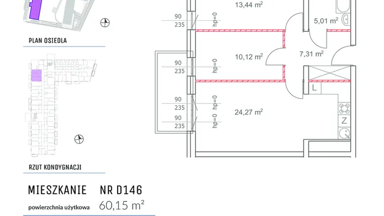 Rzut - Mieszkanie na sprzedaż 3 pokoje o powierzchni 60,15 m² - numer D146 w Osiedle Impresja 2