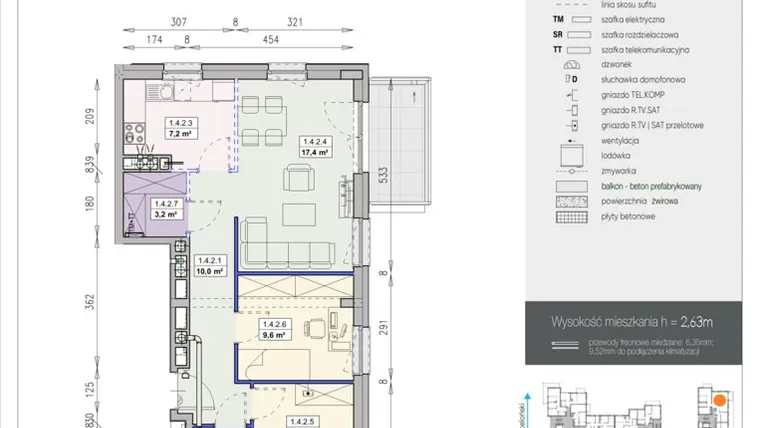 Rzut - Mieszkanie na sprzedaż 3 pokoje o powierzchni 63,1 m² - numer M22 1/4/2/3k w Olimpia Port