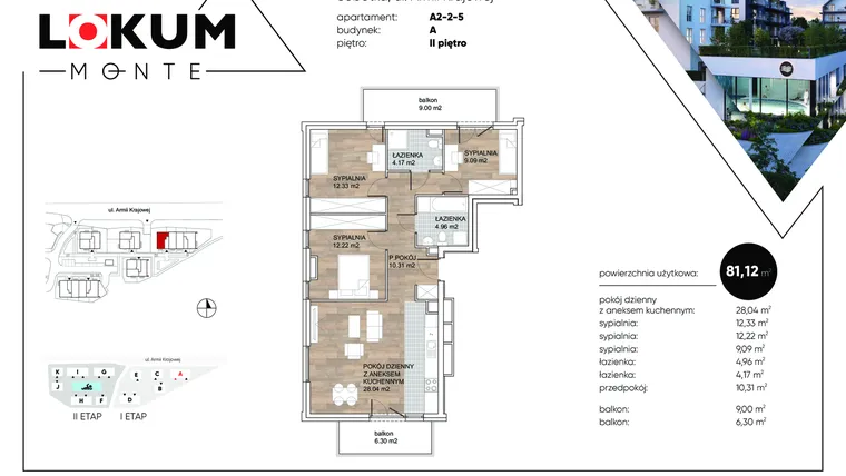 Rzut - Mieszkanie na sprzedaż 4 pokoje o powierzchni 81,12 m² - numer A2-2-5 w Lokum Monte