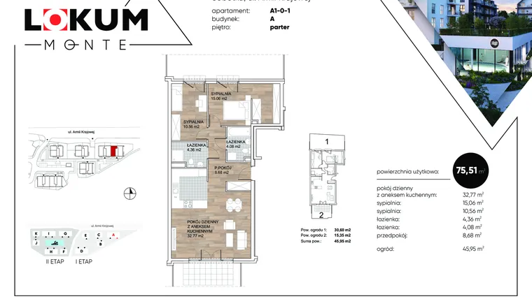 Rzut - Mieszkanie na sprzedaż 3 pokoje o powierzchni 75,51 m² - numer A1-0-1 w Lokum Monte