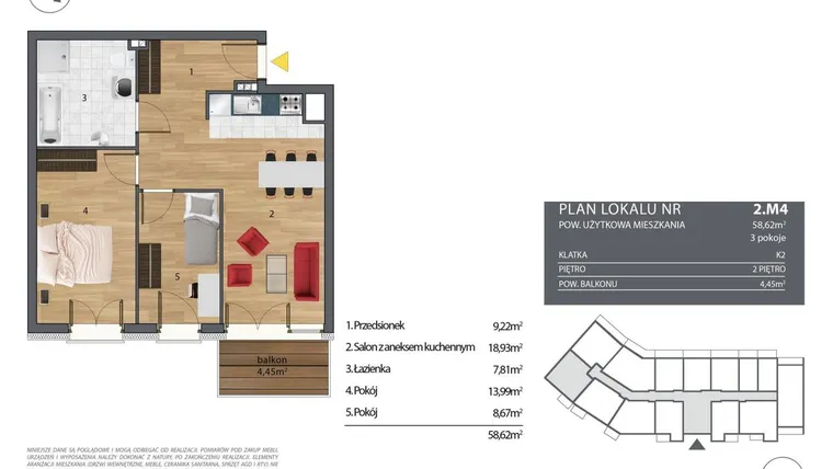 Rzut - Mieszkanie na sprzedaż 3 pokoje o powierzchni 59,13 m² - numer K2.2.M4 w Nyska Residence