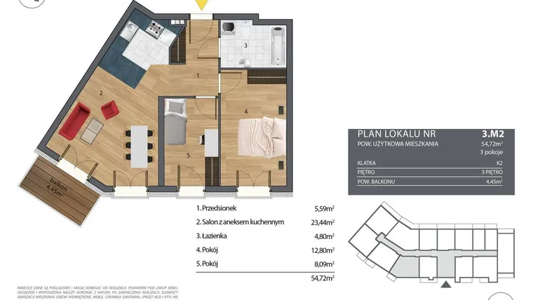 Rzut - Mieszkanie na sprzedaż 3 pokoje o powierzchni 55,83 m² - numer K2.3.M2 w Nyska Residence