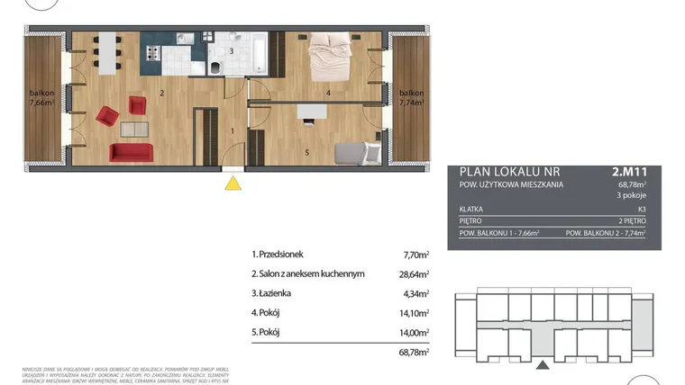 Rzut - Mieszkanie na sprzedaż 3 pokoje o powierzchni 69,59 m² - numer K3.2.M11 w Nyska Residence