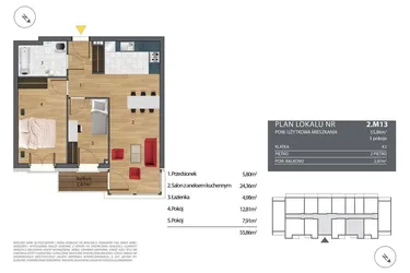 Rzut - Mieszkanie na sprzedaż 3 pokoje o powierzchni 56,37 m² - numer K3.2.M13 w Nyska Residence