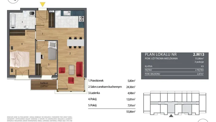 Rzut - Mieszkanie na sprzedaż 3 pokoje o powierzchni 56,37 m² - numer K3.2.M13 w Nyska Residence