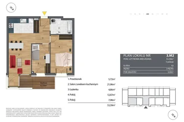 Rzut - Mieszkanie na sprzedaż 3 pokoje o powierzchni 53,61 m² - numer K3.3.M2 w Nyska Residence