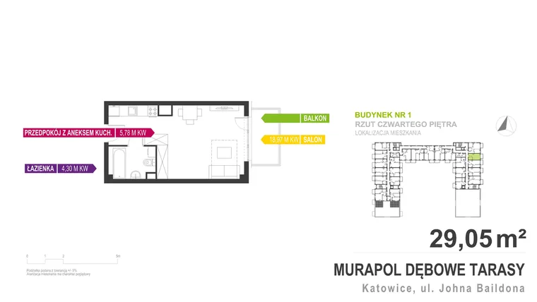 Rzut - Mieszkanie na sprzedaż 1 pokój o powierzchni 29,05 m² - numer 1.C.4.2 w Murapol Dębowe Tarasy