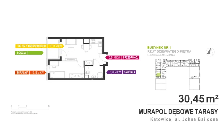 Rzut - Mieszkanie na sprzedaż 2 pokoje o powierzchni 30,45 m² - numer 1.B.9.6 w Murapol Dębowe Tarasy