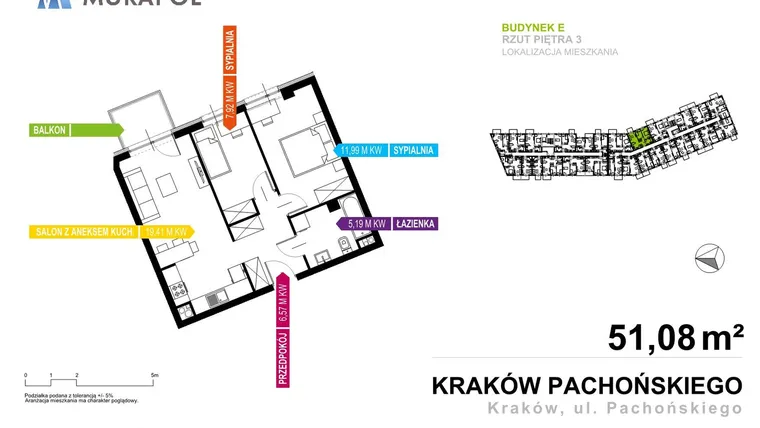 Rzut - Mieszkanie na sprzedaż 3 pokoje o powierzchni 51,41 m² - numer E2.3.14 w Murapol Parki Krakowa