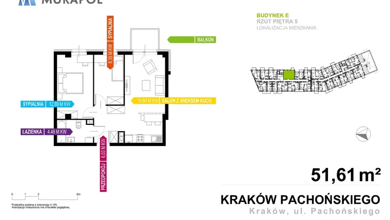 Rzut - Mieszkanie na sprzedaż 3 pokoje o powierzchni 51,61 m² - numer E1.5.01 w Murapol Parki Krakowa