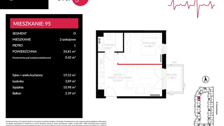 Rzut - Mieszkanie na sprzedaż 2 pokoje o powierzchni 34,81 m² - numer D_095 w Imperial Citi Yes