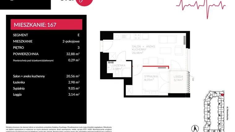 Rzut - Mieszkanie na sprzedaż 2 pokoje o powierzchni 32,88 m² - numer E_167 w Imperial Citi Yes