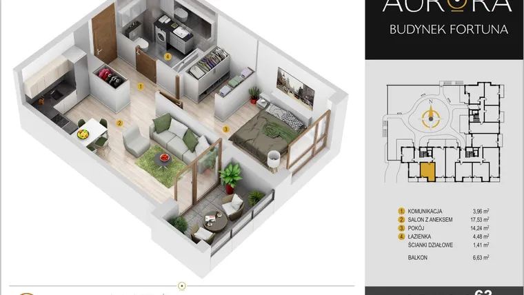 Rzut - Mieszkanie na sprzedaż 2 pokoje o powierzchni 41,62 m² - numer 3.Fortuna-63 w Osiedle Aurora