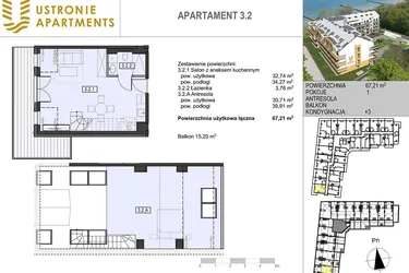 Rzut - Mieszkanie na sprzedaż 1 pokój o powierzchni 58,8 m² - numer 3.2 w Ustronie Apartments 20 m od plaży