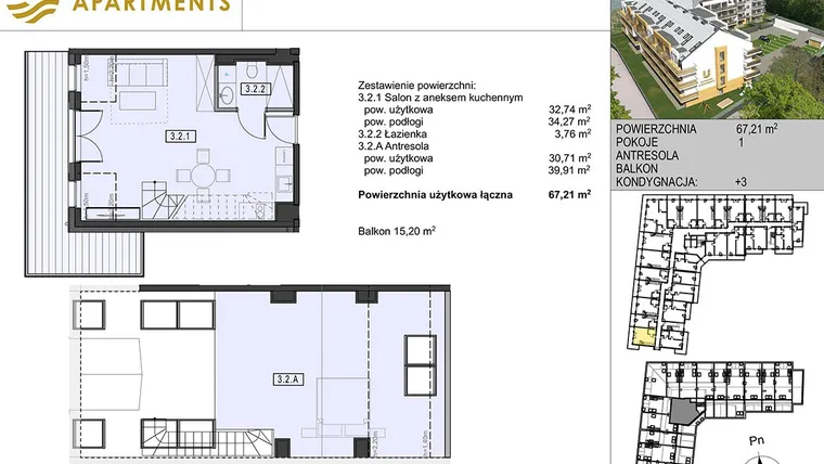 Rzut - Mieszkanie na sprzedaż 1 pokój o powierzchni 58,8 m² - numer 3.2 w Ustronie Apartments 20 m od plaży