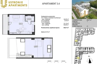 Rzut - Mieszkanie na sprzedaż 1 pokój o powierzchni 60,03 m² - numer 3.4 w Ustronie Apartments 20 m od plaży
