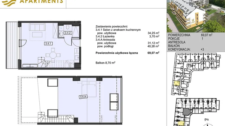 Rzut - Mieszkanie na sprzedaż 1 pokój o powierzchni 60,03 m² - numer 3.4 w Ustronie Apartments 20 m od plaży