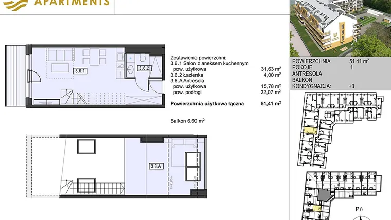Rzut - Mieszkanie na sprzedaż 1 pokój o powierzchni 49,78 m² - numer 3.6 w Ustronie Apartments 20 m od plaży
