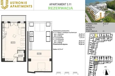 Rzut - Mieszkanie na sprzedaż 1 pokój o powierzchni 76,99 m² - numer 3.11 w Ustronie Apartments 20 m od plaży