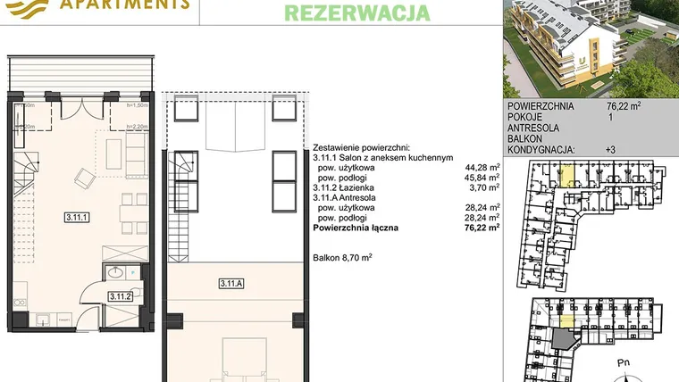 Rzut - Mieszkanie na sprzedaż 1 pokój o powierzchni 76,99 m² - numer 3.11 w Ustronie Apartments 20 m od plaży