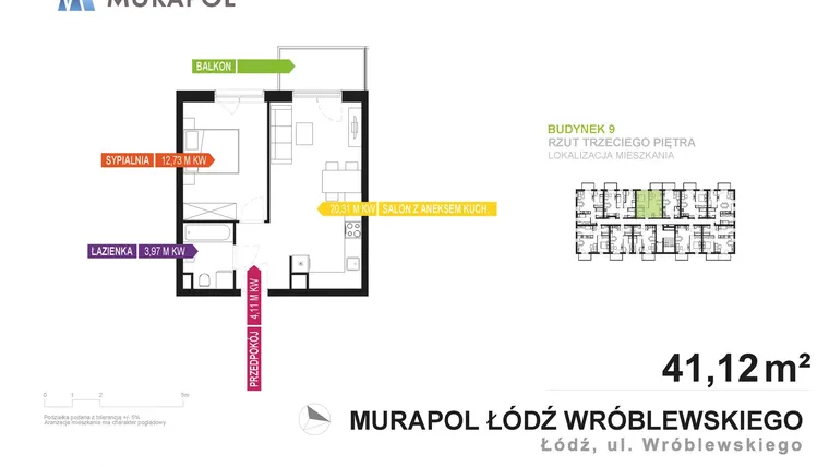Rzut - Mieszkanie na sprzedaż 2 pokoje o powierzchni 41,12 m² - numer 9.A.3.6 w Murapol Nowa Przędzalnia