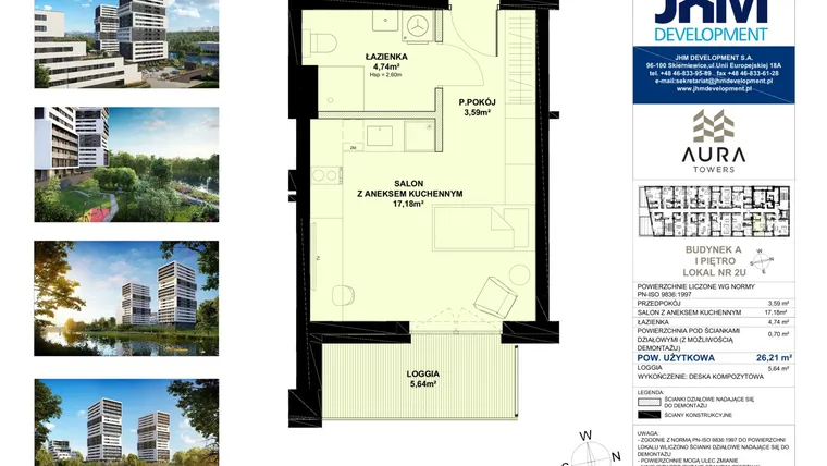 Rzut - Mieszkanie na sprzedaż 1 pokój o powierzchni 26,16 m² - numer A.1.2U w Aura Towers
