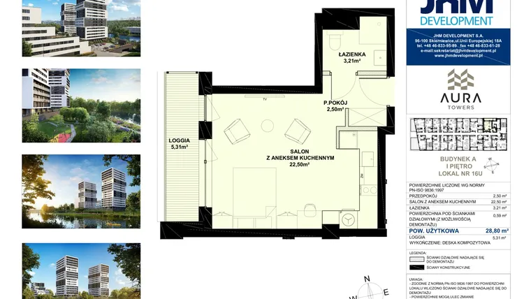 Rzut - Mieszkanie na sprzedaż 1 pokój o powierzchni 28,8 m² - numer A.1.16U w Aura Towers