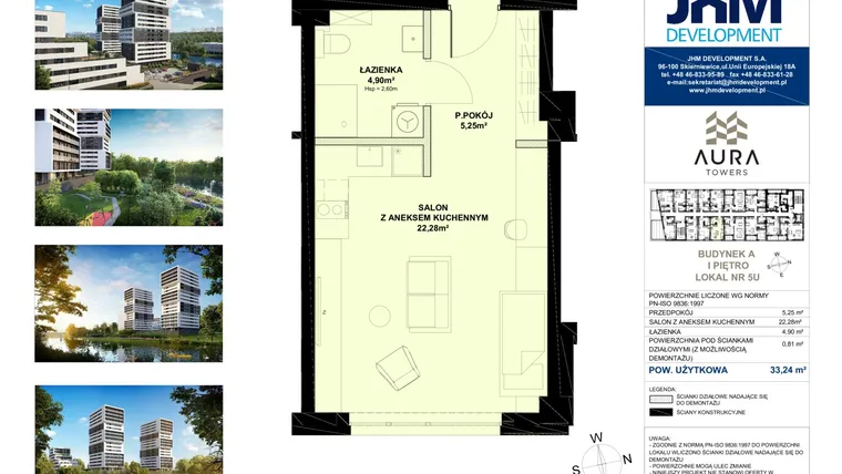 Rzut - Mieszkanie na sprzedaż 1 pokój o powierzchni 33,18 m² - numer A.1.5U w Aura Towers