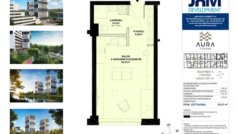 Rzut - Mieszkanie na sprzedaż 1 pokój o powierzchni 29,56 m² - numer A.1.7U w Aura Towers