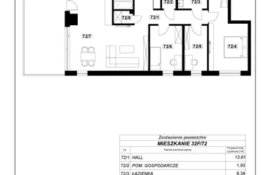 Rzut - Mieszkanie na sprzedaż 4 pokoje o powierzchni 103,02 m² - numer 32F-72 w Park Moniuszki II budynek A