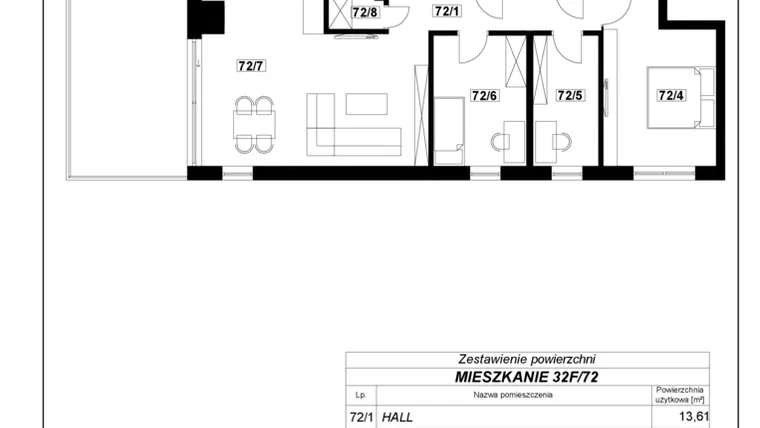 Rzut - Mieszkanie na sprzedaż 4 pokoje o powierzchni 103,02 m² - numer 32F-72 w Park Moniuszki II budynek A