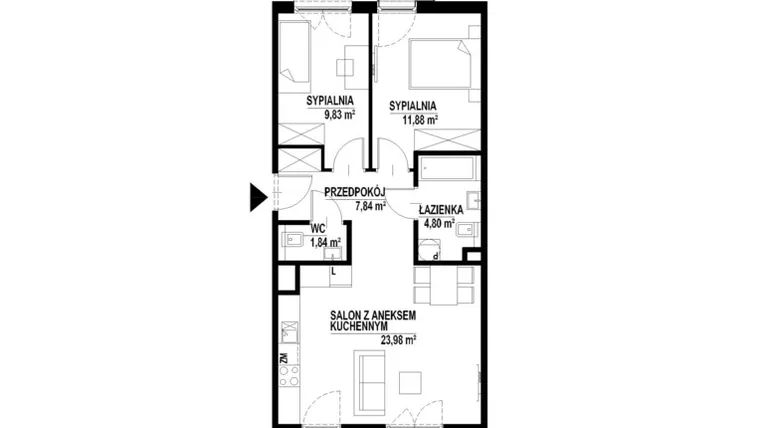 Rzut - Mieszkanie na sprzedaż 3 pokoje o powierzchni 60,17 m² - numer 33 w SASKA BLU etap II