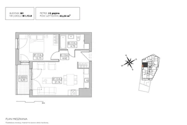 Rzut - Mieszkanie na sprzedaż 3 pokoje o powierzchni 75,5 m² - numer B1.13.6 w Alvarium 2.0