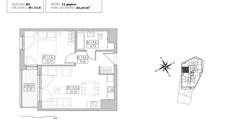 Rzut - Mieszkanie na sprzedaż 3 pokoje o powierzchni 75,5 m² - numer B1.13.6 w Alvarium 2.0