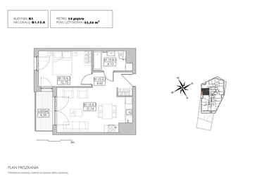 Rzut - Mieszkanie na sprzedaż 2 pokoje o powierzchni 43,18 m² - numer B1.15.6 w Alvarium 2.0