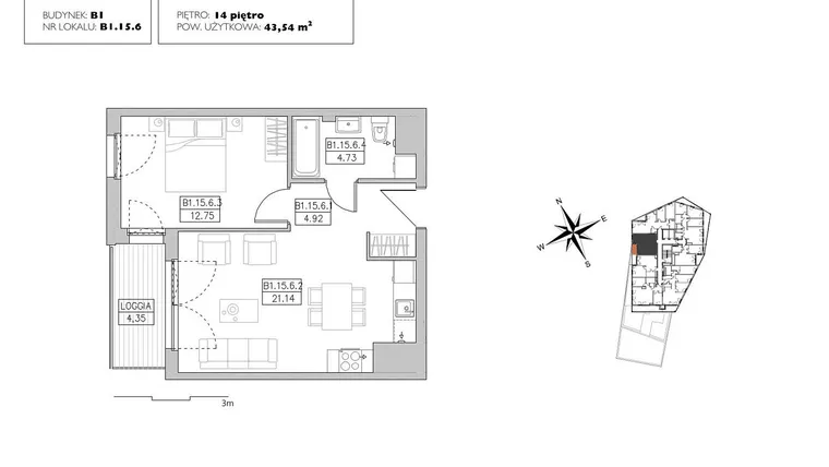 Rzut - Mieszkanie na sprzedaż 2 pokoje o powierzchni 43,18 m² - numer B1.15.6 w Alvarium 2.0