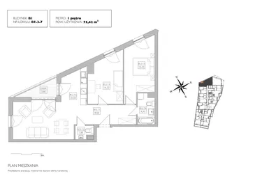 Rzut - Mieszkanie na sprzedaż 3 pokoje o powierzchni 74,66 m² - numer B1.2.7 w Alvarium 2.0
