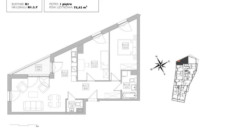 Rzut - Mieszkanie na sprzedaż 3 pokoje o powierzchni 74,66 m² - numer B1.2.7 w Alvarium 2.0
