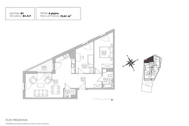 Rzut - Mieszkanie na sprzedaż 3 pokoje o powierzchni 75,1 m² - numer B1.9.7 w Alvarium 2.0