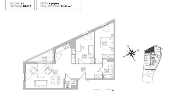 Rzut - Mieszkanie na sprzedaż 3 pokoje o powierzchni 75,1 m² - numer B1.9.7 w Alvarium 2.0