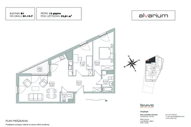 Rzut - Mieszkanie na sprzedaż 3 pokoje o powierzchni 75,43 m² - numer B1.14.7 w Alvarium 2.0