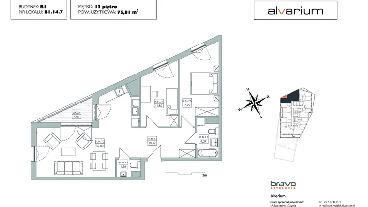 Rzut - Mieszkanie na sprzedaż 3 pokoje o powierzchni 75,43 m² - numer B1.14.7 w Alvarium 2.0