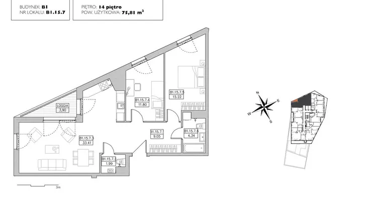 Rzut - Mieszkanie na sprzedaż 3 pokoje o powierzchni 75,21 m² - numer B1.15.7 w Alvarium 2.0