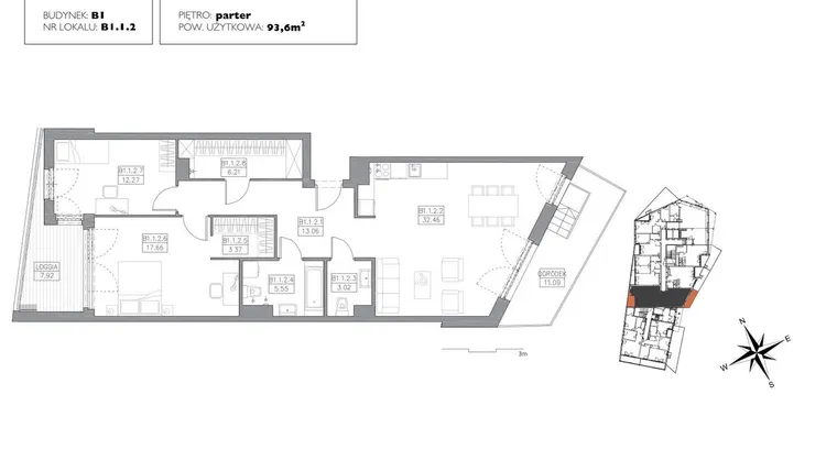Rzut - Mieszkanie na sprzedaż 3 pokoje o powierzchni 92,75 m² - numer B1.1.2 w Alvarium 2.0