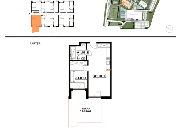 Rzut - Mieszkanie na sprzedaż 2 pokoje o powierzchni 43,11 m² - numer A1.01 w Apartamenty Dźwirzyno